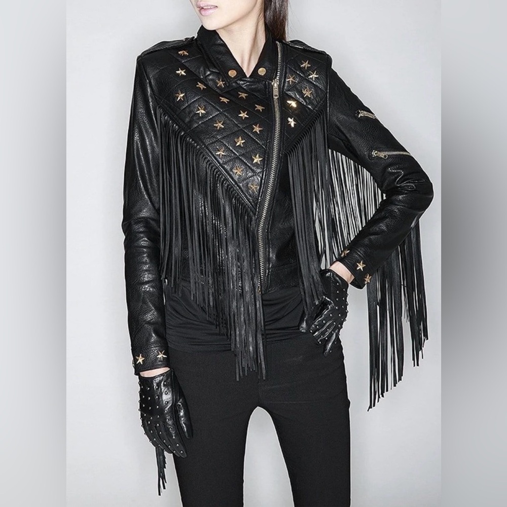 SX Spring Autumn Women Jacket NEW Personality Tassel Rivets Faux Leather